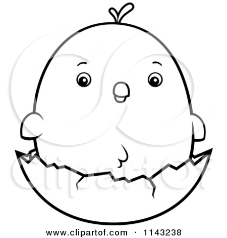 Cartoon Clipart Of A Black And White Chubby Chicken Chick On A Shell