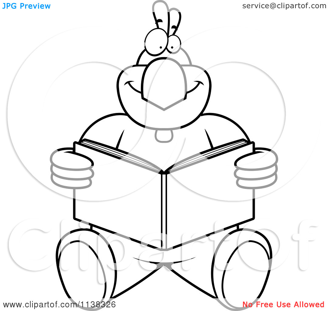 Cartoon Clipart Of An Outlined Chicken Sitting And Reading   Black And