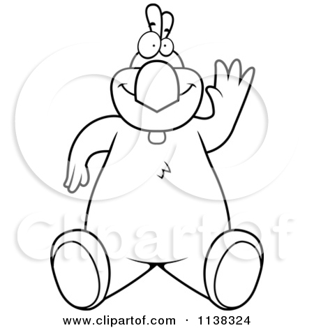 Cartoon Clipart Of An Outlined Chicken Sitting And Waving   Black And