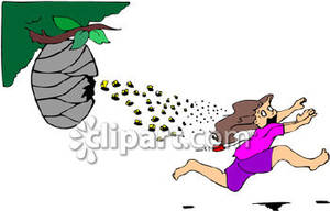 Girl Running Away From Angry Bees   Royalty Free Clipart Picture