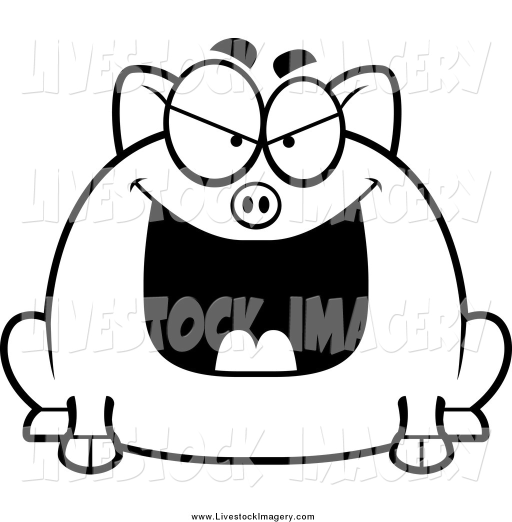 Larger Preview  Clip Art Of A Black And White Chubby Evil Pig Grinning
