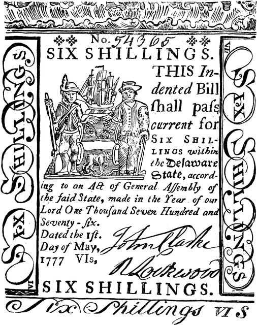 Paper Money Six Shillings Bill 1777   Clipart Etc