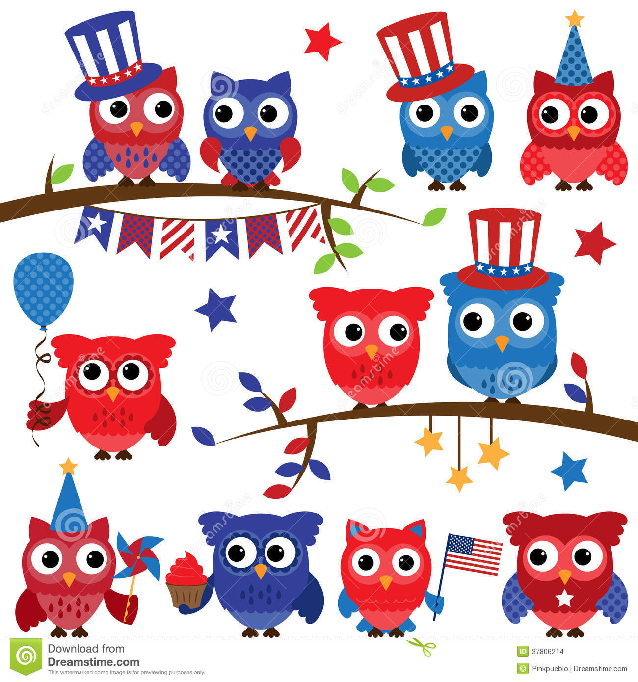 Set Of Vector Fourth Of July Or Patriotic Owls Stock Images   Image