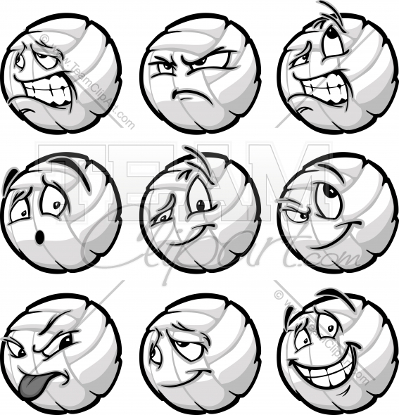 Volleyball Ball Cartoon Faces With A Variety Of Facial Expressions