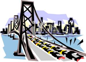 Cars On A Suspension Bridge   Royalty Free Clipart Picture