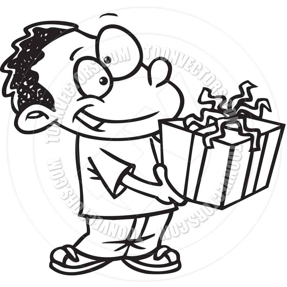 Cartoon Boy Giving A Gift  Black And White Line Art  By Ron Leishman
