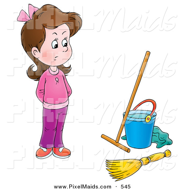 Clipart Of A Stubborn Girl In Pink Clothes Looking At Cleaning