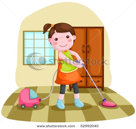 Girl Using A Vacuum Cleaner At Home In This Vector Cartoon Clipart