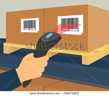     Hand Is Scanning A Box With Barcode At The Warehouse    Stock Vector