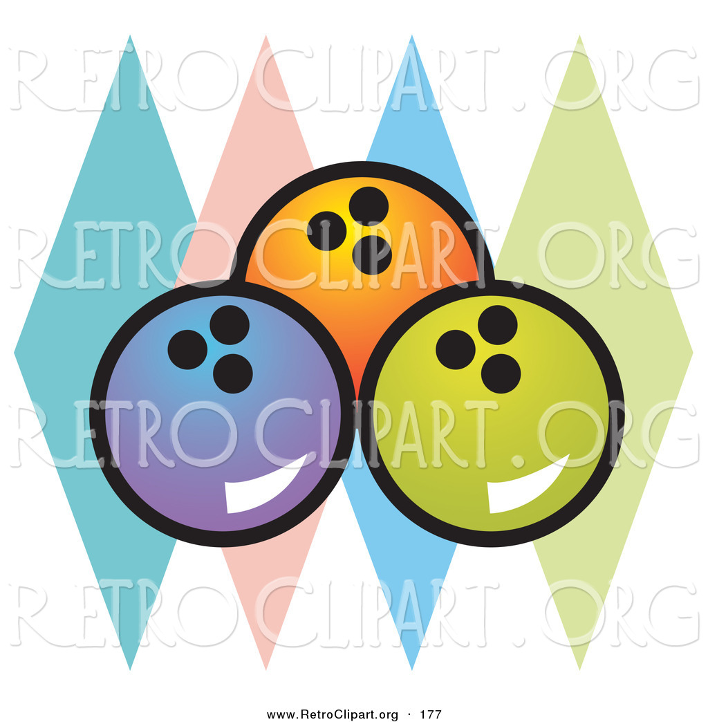 Retro Clipart Of A Trio Of Blue Orange And Green Bowling Balls Over