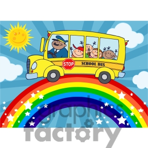 5051 Clipart Illustration Of School Bus With Happy Children Around