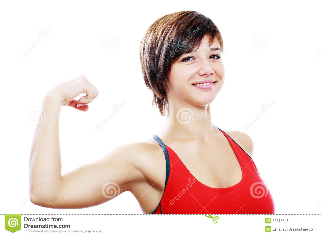 Beautiful Woman Flexing Biceps   Front View High Key Shot In Studio