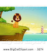 Big Cat Cartoon Vector Clipart Of A Happy Male Lion Sitting On A Cliff