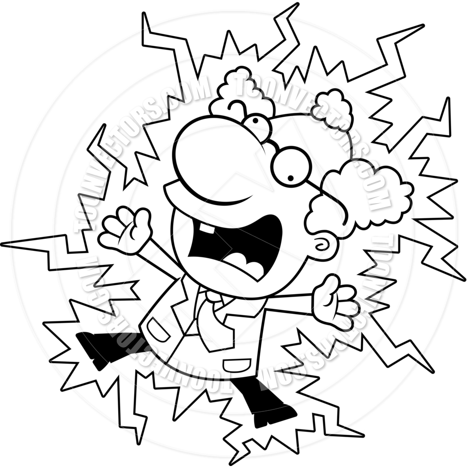 Cartoon Mad Scientist Electrocuted  Black And White Line Art  By Cory    