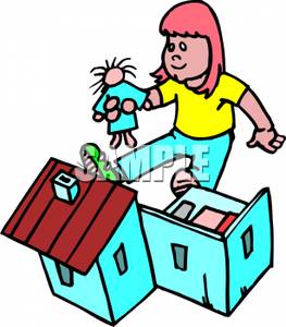 Clipart Image Of Girl Playing With Dolls And Doll House 