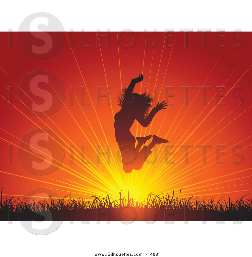Clipart Of A Happy And Energetic Woman Jumping Above Grass At Sunrise