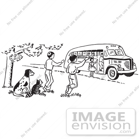 Clipart Of A Raccoon And Dog Watching Children Board A School Bus In