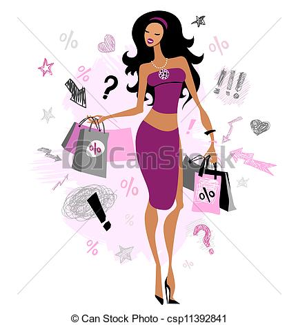 Eps Vector Of Shopping Girl   Woman With Shopping Bags Vector    