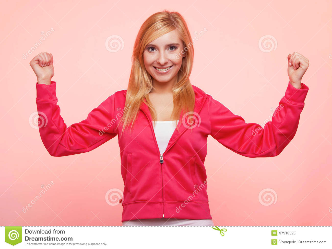 Fitness Woman Showing Fresh Energy Flexing Biceps Muscles Smiling