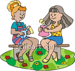 Girls Playing With Their Dolls In The Park   Royalty Free Clipart