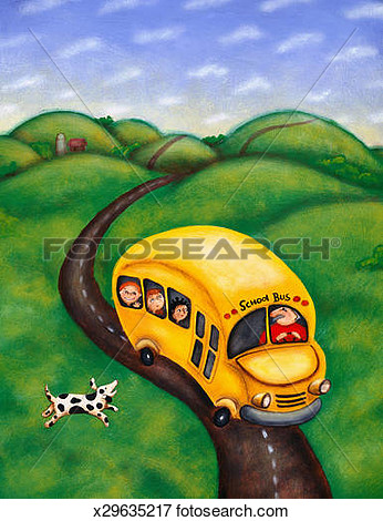 Illustration   School Bus With Children And Driver  Dog Barking At Bus