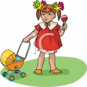 Playing With A Rattle And A Doll Stroller   Royalty Free Clipart