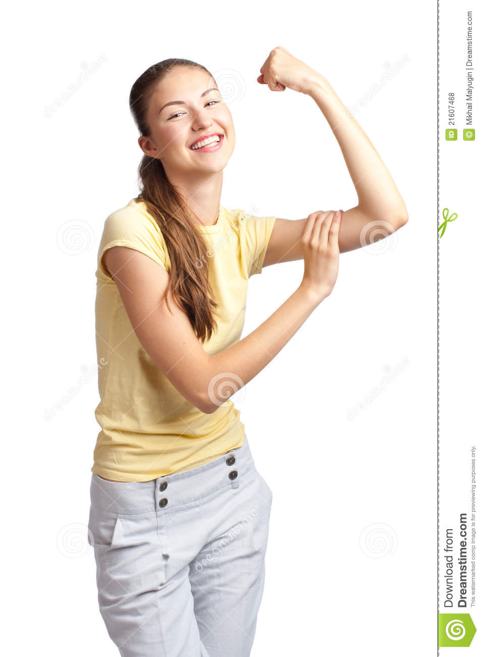 Portrait Of Cheerful Young Woman Flexing Her Biceps Isolated Over