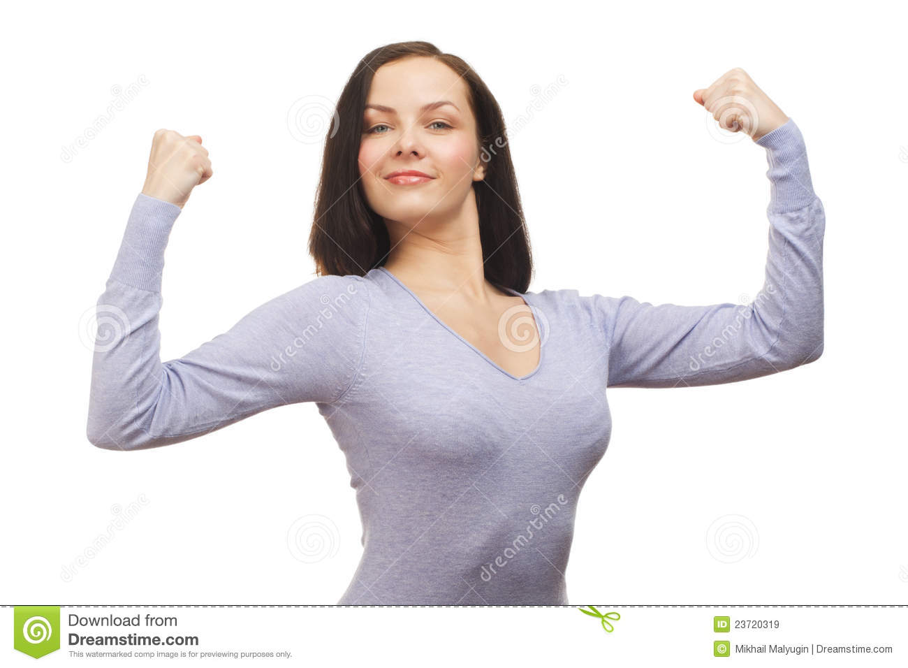 Portrait Of Cheerful Young Woman Flexing Her Biceps Isolated Over
