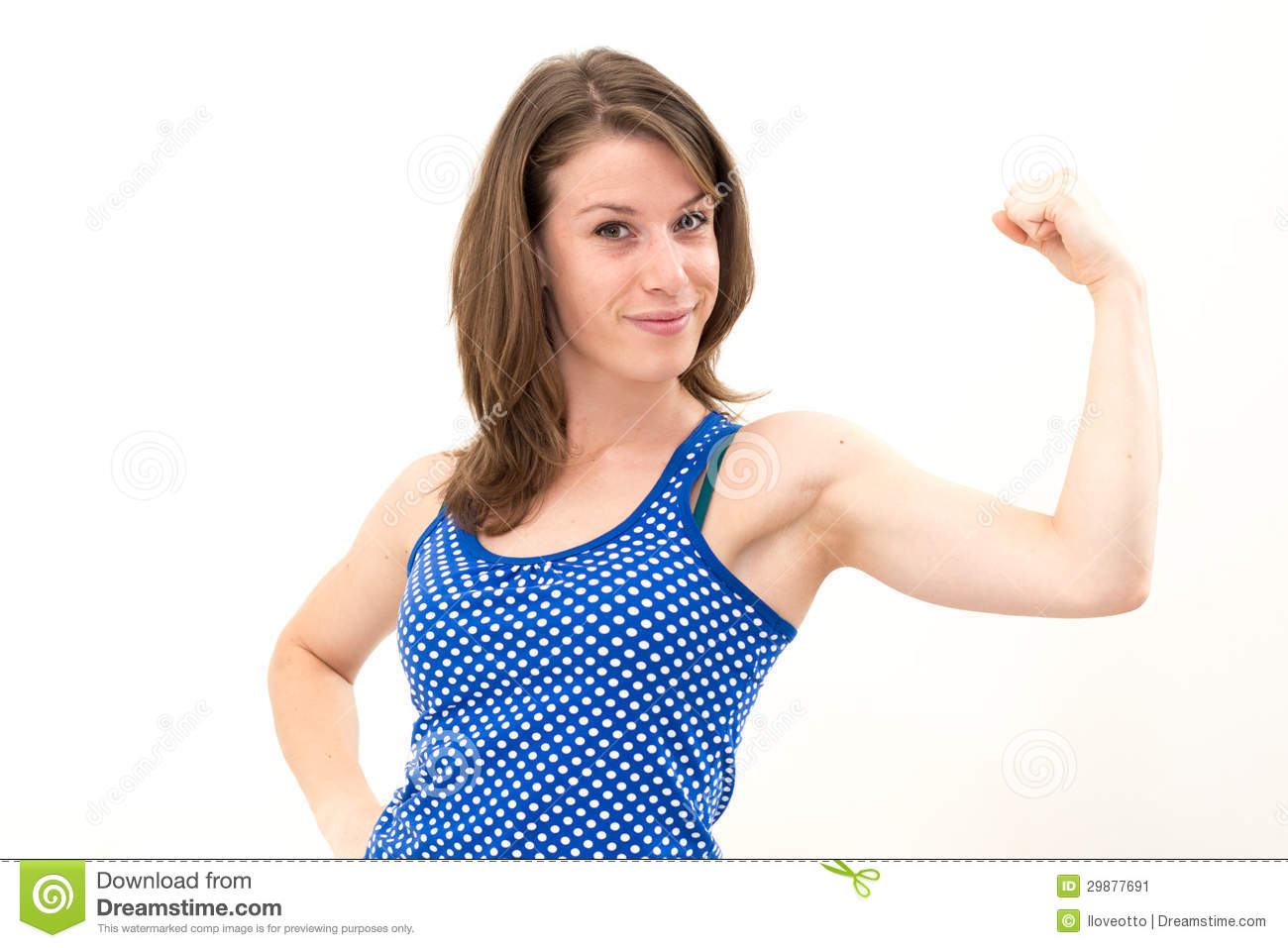 Portrait Of Young Woman Flexing Her Biceps On White Background