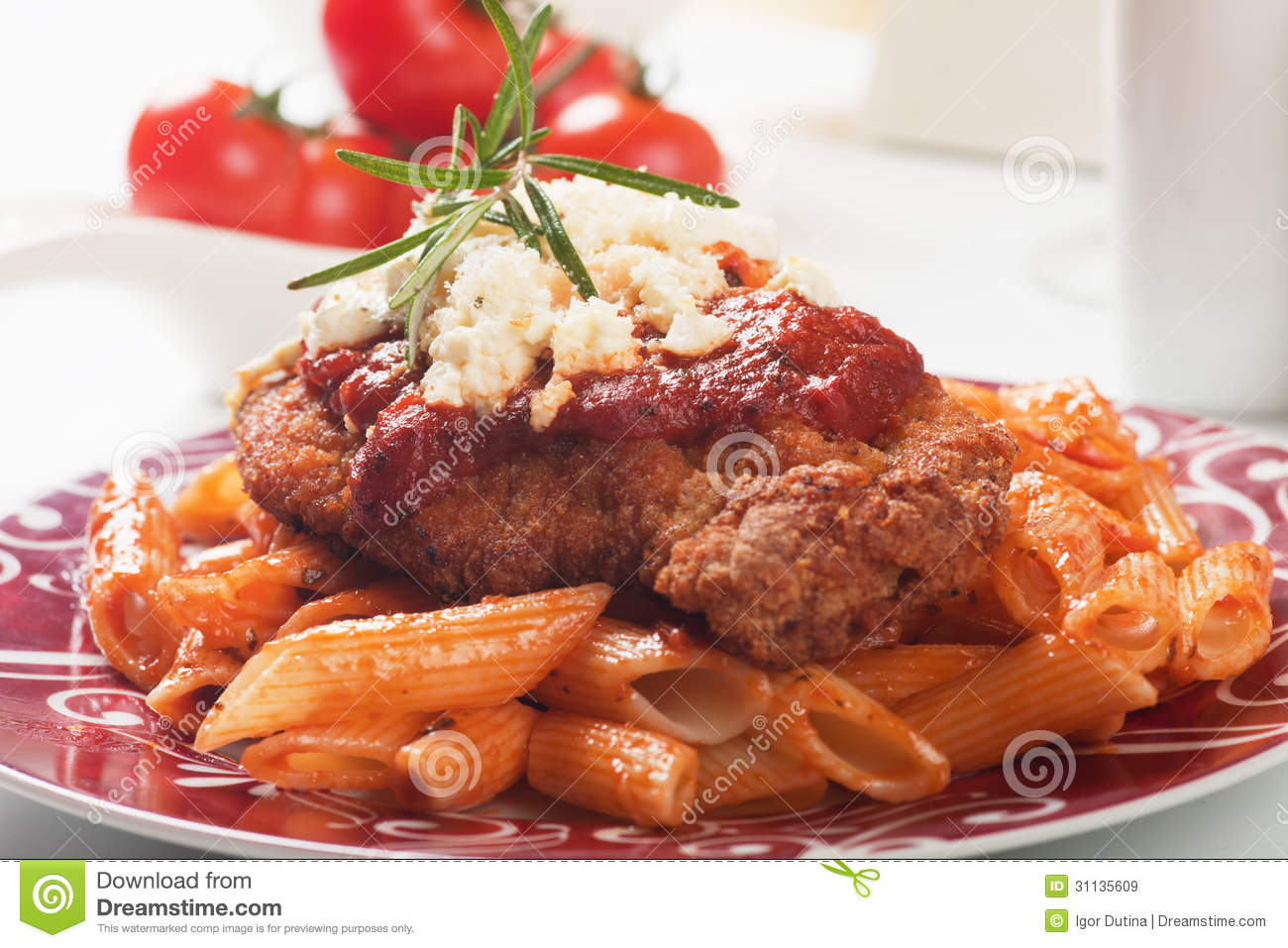 Chicken Parmesan Breaded Chicken Steak With Tomato Sauce And Macaroni