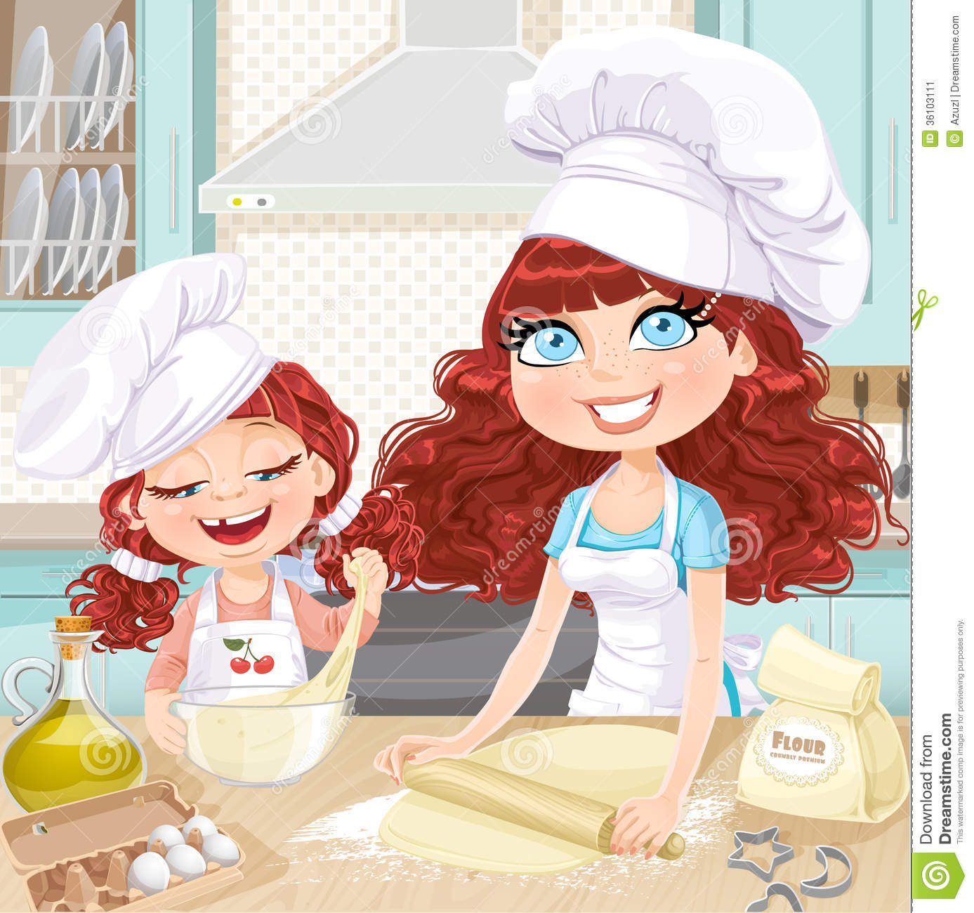 Cute Curly Hair Mom And Daughter Baking Cookies Stock Image   Image