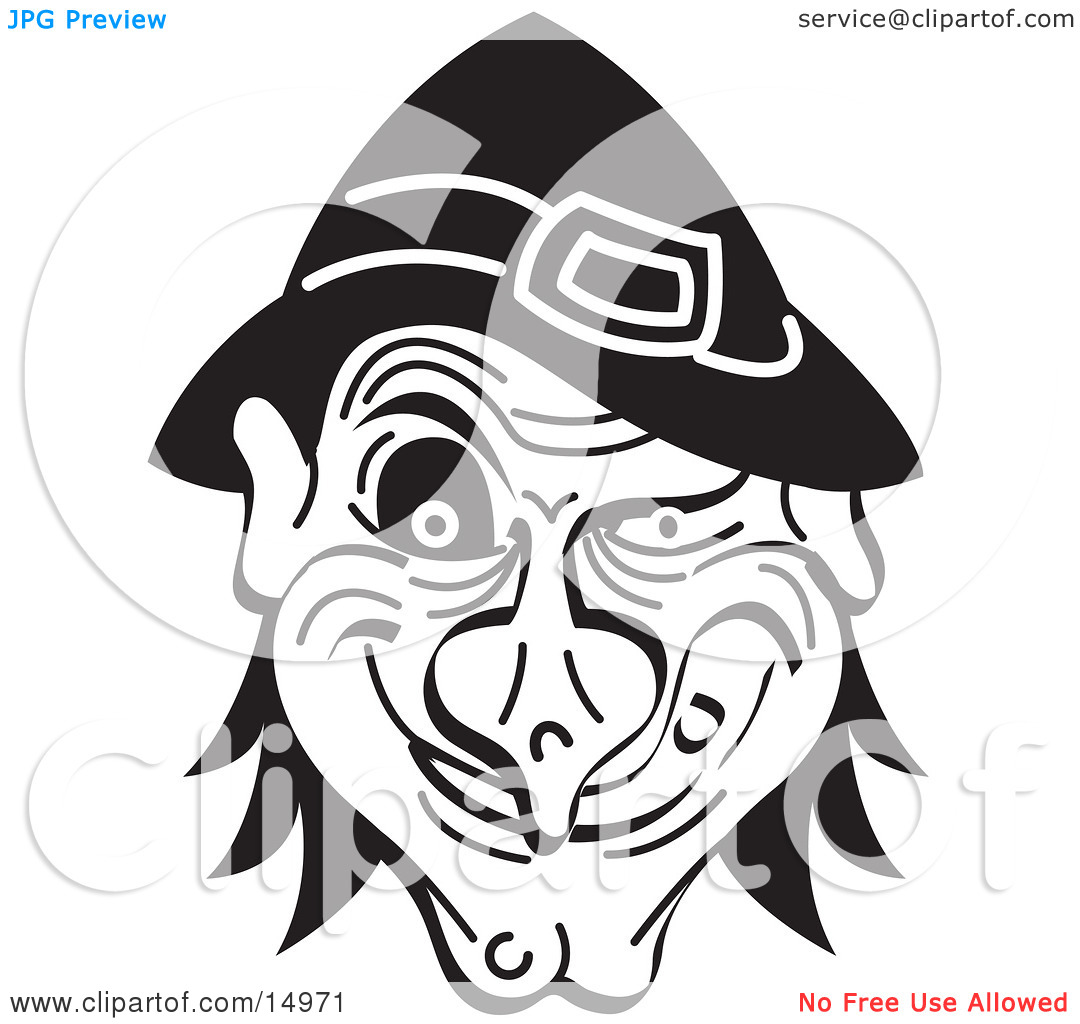 Halloween Witch S Face Grinning Black And White Clipart Illustration