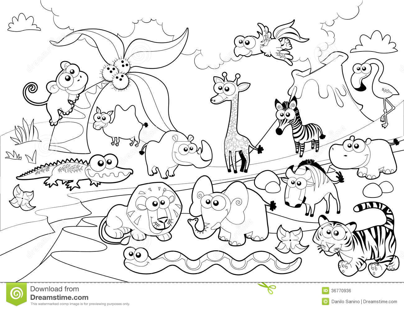 Savannah Animal Family With Background In Black And White  Royalty