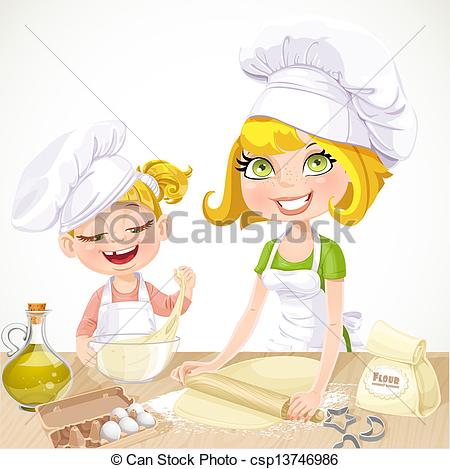 Vector   Mom And Daughter Baking Cookies   Stock Illustration Royalty