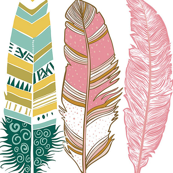 Aztec Feather Clipart Hand Drawn Tribal Clip Art Girl Graphics Pink