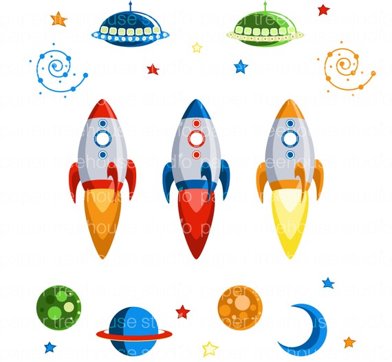 Clip Art Set   Rocket Ships Outer Space Moon Stars Planets And Ufo