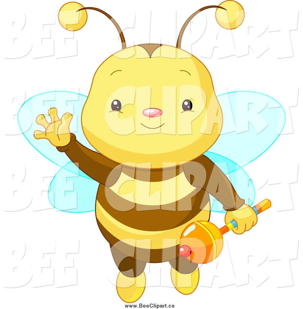 Cute Baby Bee Waving Flying And Holding A Rattle