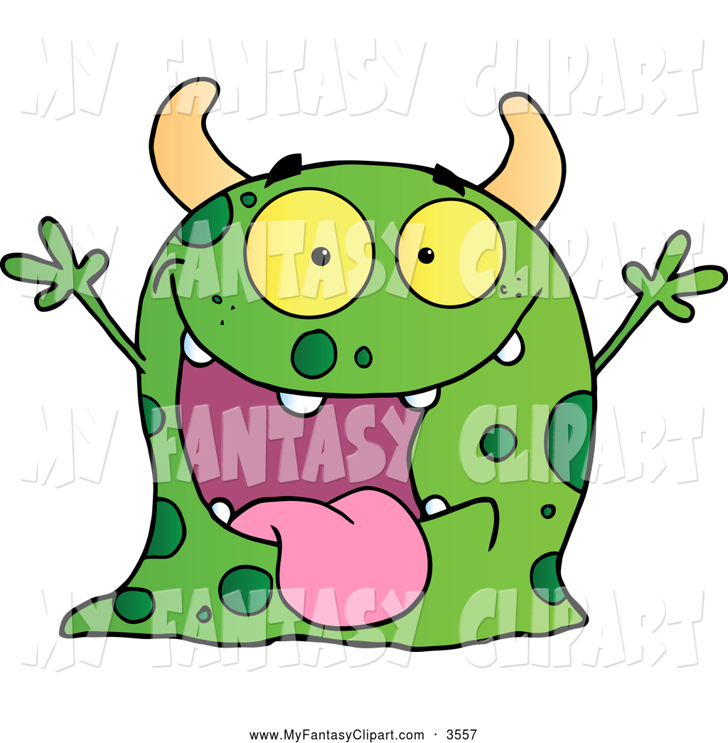 Larger Preview  Clip Art Of A Happy Green Monster Holding Up Its Arms    