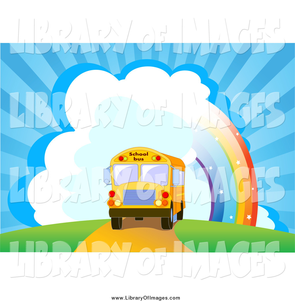 Larger Preview  Clip Art Of A School Bus Near A Rainbow And Bursting    