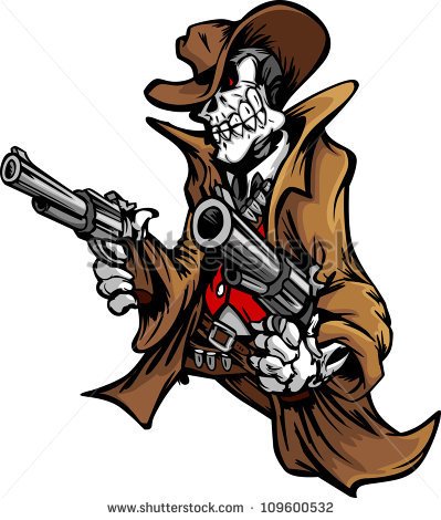 Skeleton Cowboy With Skull And Hat Aiming Guns   Stock Vector