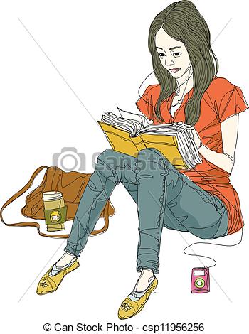 Vector   Side View Of Woman Reading Book   Stock Illustration Royalty