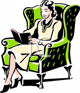 Woman Sitting In An Easy Chair Reading   Royalty Free Clipart