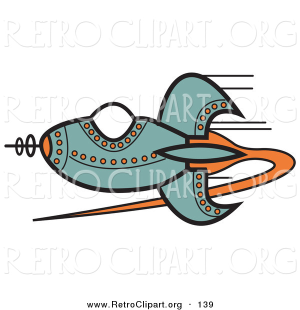 Retro Clipart Of A Blue Rocket With Orange Studs Flying Through Outer