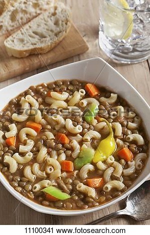 Stock Photography Of Lentil Soup With Hot Peppers And Elbow Macaroni    