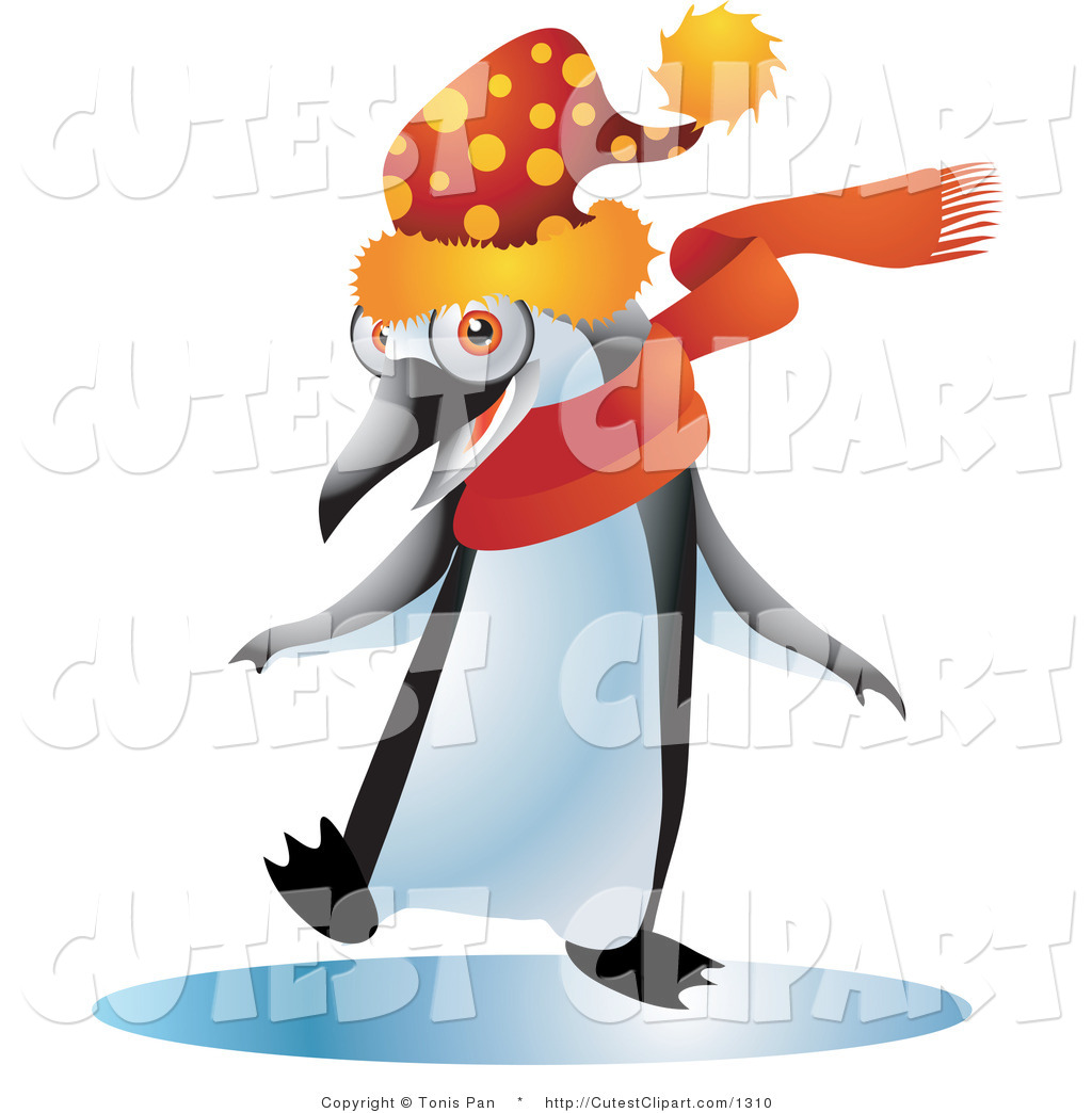 And White Penguin Bird In A Spotted Red Wintry Hat And An Orange Scarf
