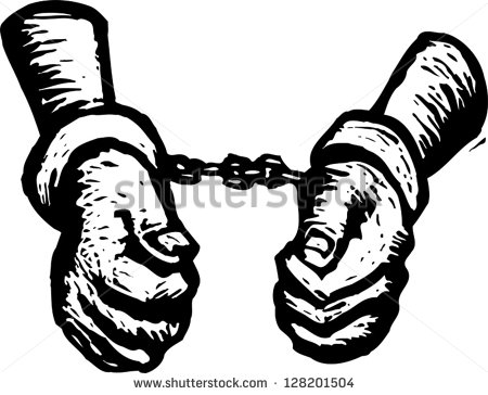 Black And White Vector Illustration Of Handcuffed Criminal Or Prisoner