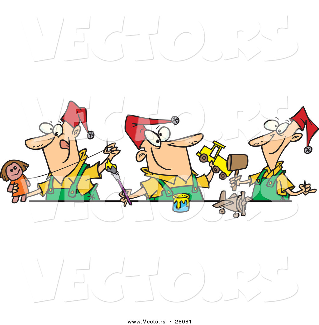 Cartoon Vector Of A Three Happy Christmas Elves Making Toys Together