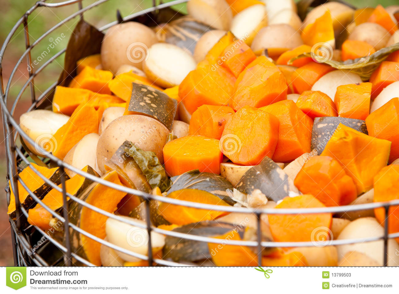 Cooked Vegetables In Steamer Basket   Pumpkin Sweet Potato