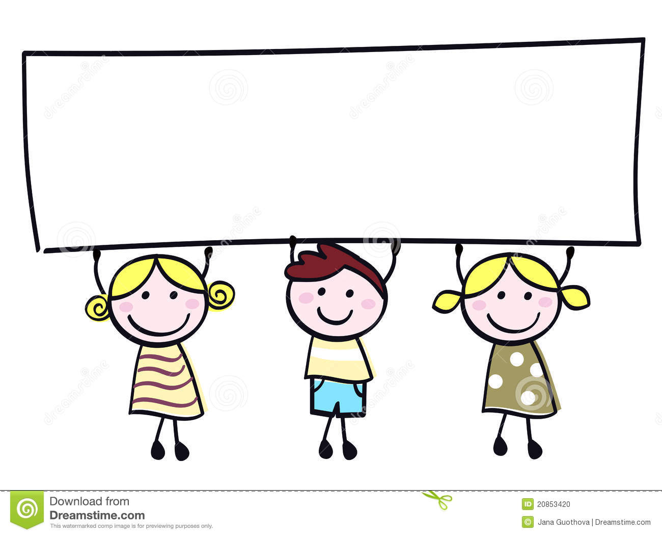 Happy Cute Little Girls And Boy Holding Empty Blank Banner   Cartoon