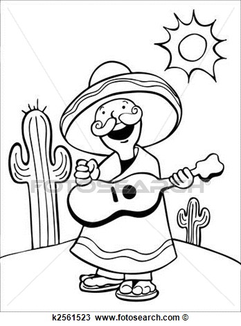Mexican Guitar Player Line Art Isolated On A White Background 